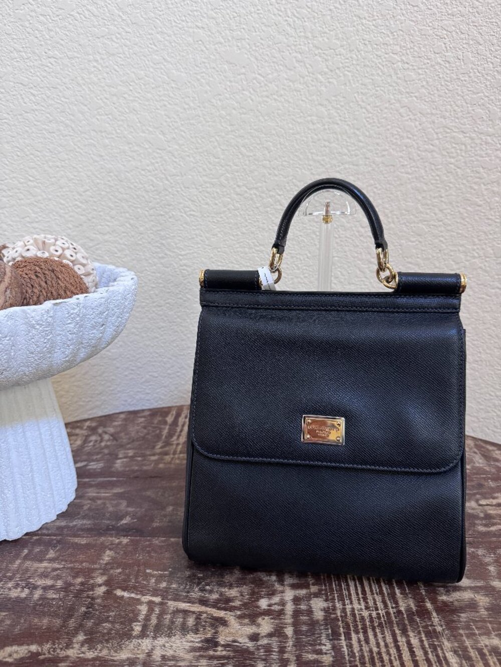 Dolce & Gabbana Black Leather Top Handle Shoulder Bag + COA